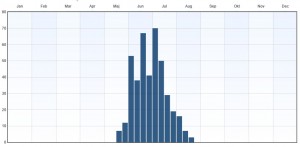 Fenologi 2010-2015. Eventuella observationer långt utanför ordinarie flygtid gäller larver. Data från Artportalen.